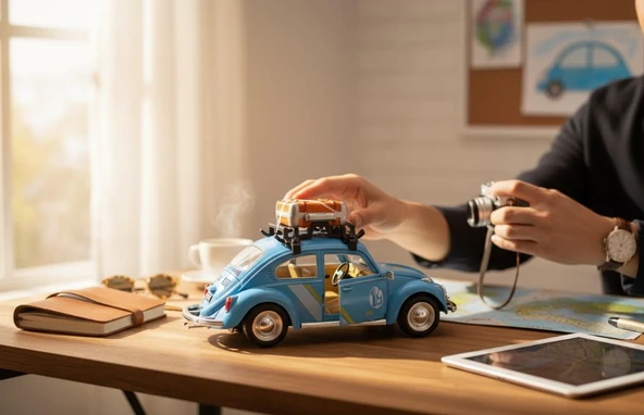 Klasik Işıklı Sesli Metal Araba - Mavi Valizli Retro Beetle - 15 cm ürün görseli 1