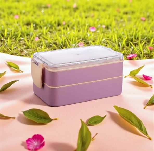 Titiz Fely 2 katlı Öğle Yemeği Kabı - Çatal Kaşık Dahil - Sızdırmaz & Kilitli Lunch Box- Mor Renk ürün görseli 1