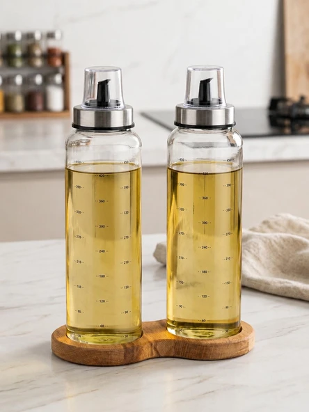 Ahşap Standlı Cam Yağdanlık Seti | Damlatmaz Kapak | 500 ml | 2 li Set ürün görseli 1