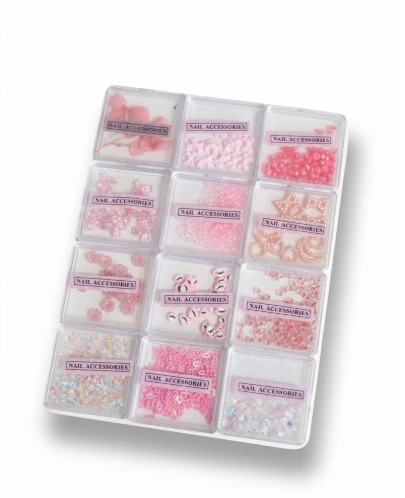 Pembe Nail Art Tırnak Süsleme Seti 12 Bölmeli | Çiçek, Kalp, Ayıcık, İnci ve Pul Tırnak Aksesuarları ürün görseli 1