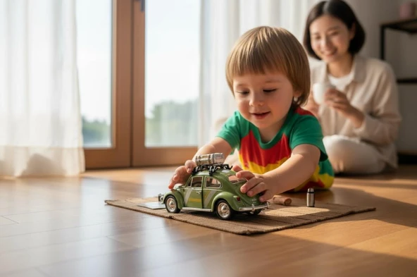 Klasik Işıklı Sesli Metal Araba - Yeşil Valizli Retro Beetle - 15 cm ürün görseli 1