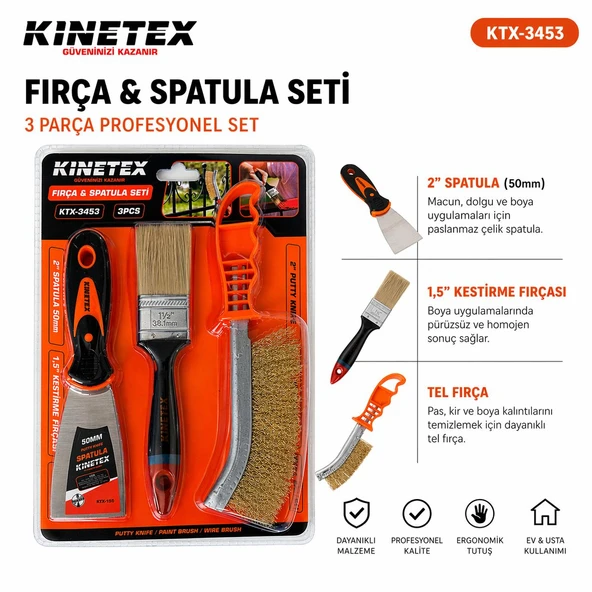Kinetex Fırça & Spatula Seti 3 Parça (Tel Fırça + Boya Fırçası + Spatula) ürün görseli 1