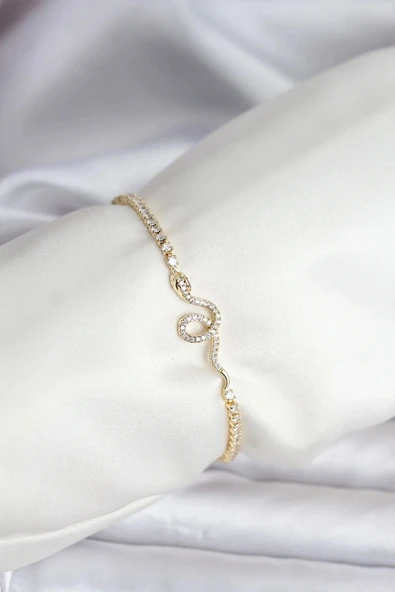 Yılan Model Zirkon Taşlı Gold Renk Pirinç Su Yolu Kadın Bileklik ürün görseli 1