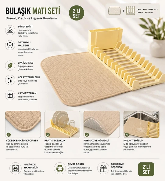 Premium Katlanabilir Mikrofiber Bulaşıklık Seti Bej - Tezgah Üstü Kurulama Matı 35x43 cm - 3'lü Set ürün görseli 1