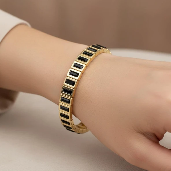 14K Siyah Baget Taşlı Çelik Lastikli Bileklik ürün görseli 1