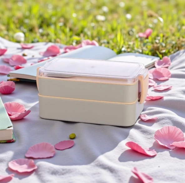 Titiz Fely 2 katlı Öğle Yemeği Kabı - Çatal Kaşık Dahil - Sızdırmaz & Kilitli Lunch Box- Krem Renk ürün görseli 1