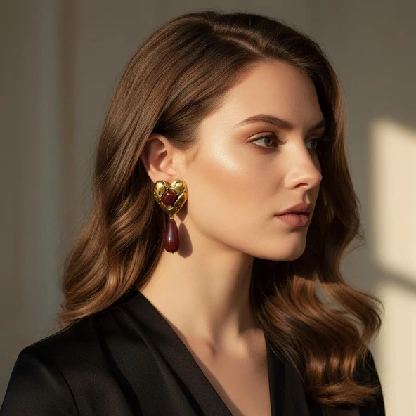 Kadın Gold Renk Kalp Formlu Bordo Taşlı Sallantılı Küpe ürün görseli 1
