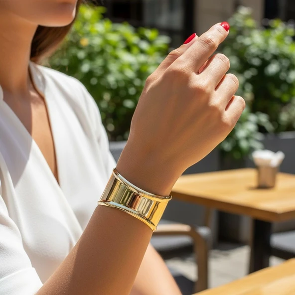Kadın 14K Kaplama Gold Çelik Kelepçe Bileklik ürün görseli 1