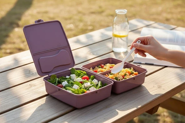Bölmeli Saklama ve Yemek Kabı - BPA sız Sağlıklı - Kilit Kapak - Taşınabilir Lunchbox- Mor Renk ürün görseli 1