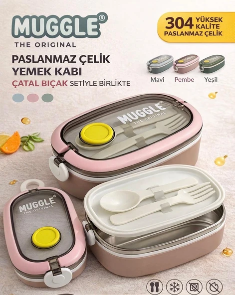 Paslanmaz Çelik Yemek Kabı 750 ml - Çatal Kaşık Setli, Çift Kilitli Tasarım- Pembe Renk ürün görseli 1