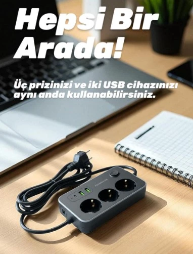 Winnboss 2.1A 3 USB Termal Akım Korumalı 3lü 2m Grup Priz ürün görseli 1