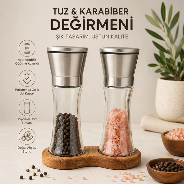 Ahşap Standlı Cam Tuz Karabiber Değirmeni | Paslanmaz Çelik Kapak | 2 li Set ürün görseli 1