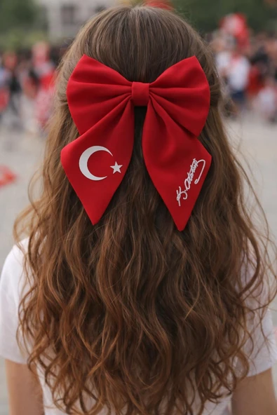 Kırmızı Kurdele Saç Tokası Türk Bayraklı Atatürk İmzalı Çocuk Saç Tokası ürün görseli 1