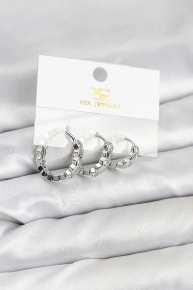 Pirinç Gümüş Renk Zirkon Taşlı Petek Halka Model YSX Trio Küpe Seti ürün görseli 1
