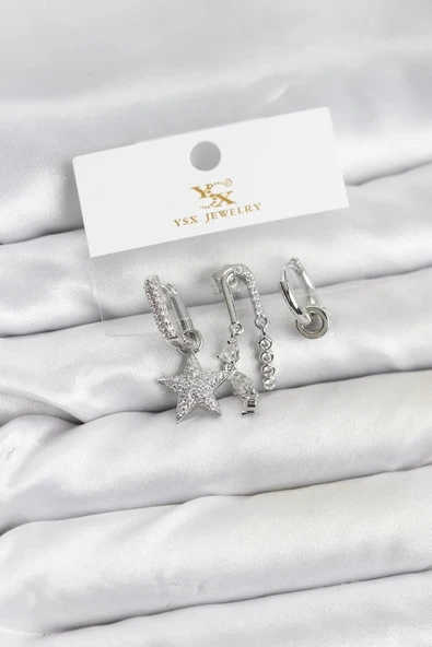 Pirinç Gümüş Renk Zirkon Taşlı Yıldız Vintage Model YSX Trio Küpe Seti ürün görseli 1