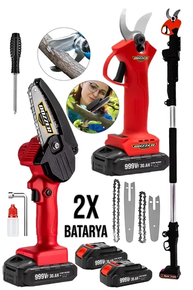 Alman 2Li Set 21V 3.0Ah 3 Metre Teleskopik  Akülü Dal Kesme Makası Ve Budama Bıçkı Testere Makinesi ürün görseli 1