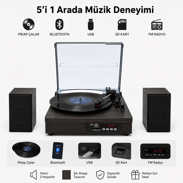 Dosound DS-022 Nostaljik Bluetooth Pikap Çalar USB SD Kart FM Radyo ürün görseli 1