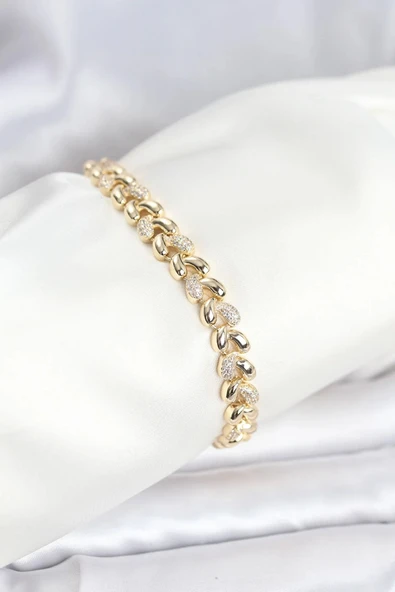 Pirinç Gold Renk VIP Seri Sarmal Damla Model Zirkon Taşlı Kadın Bileklik ürün görseli 1