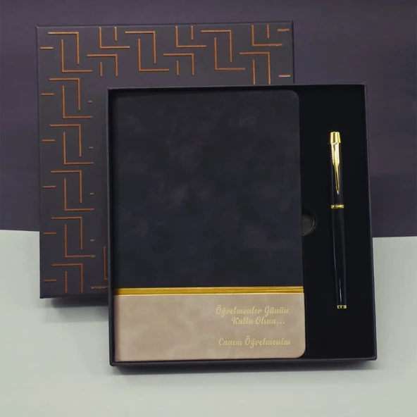 Öğretmenler Günü Özel Siyah Deri Defter Ve Metal Roller Kalem Hediye Seti ürün görseli 1