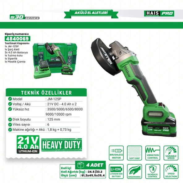 HaisPro Akülü Avuç Taşlama Makinesi 2x4 Ah Çift Akü S30 Rb-125p ürün görseli 1