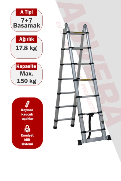 Asvera 4.4 Metre Akıllı Uzayan A Tipi Teleskopik Merdiven - 7+7 Basamaklı Katlanır Merdiven ürün görseli 1