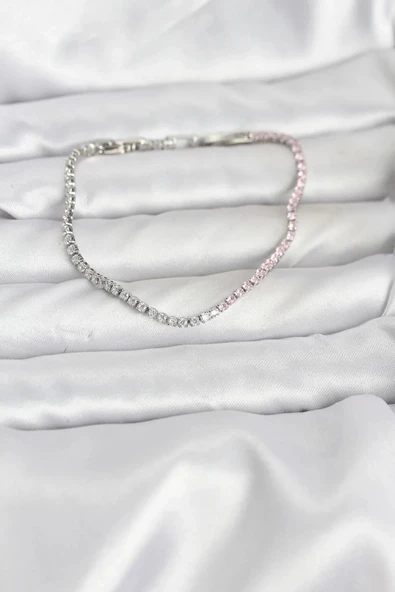 Pembe ve Beyaz Zirkon Taşlı Gümüş Renk Su Yolu Kadın Bileklik ürün görseli 1
