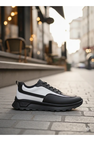 BOA Siyah Beyaz Parçalı Erkek Günlük Ayakkabı Bağcıklı Yüksek Taban Comfort SneakerBA0246 ürün görseli 1