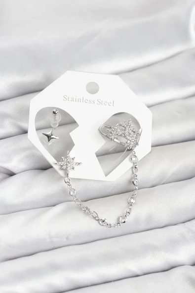 Kutup Yıldızı Model Pirinç Gümüş Renk Zincir Bağlantılı Ear Cuff Küpe Seti ürün görseli 1