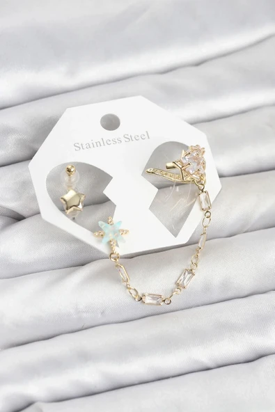 Yıldız Model Pirinç Gold Renk Zincir Bağlantılı Ear Cuff Küpe Seti ürün görseli 1