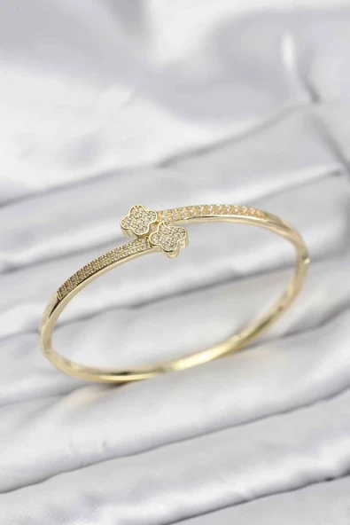 Pirinç Gold Renk Zirkon Taşlı Yonca Model Kadın Kelepçe Bileklik ürün görseli 1
