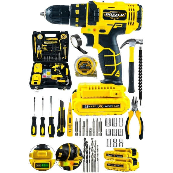 DOZZER 14.4V 2 Ah Darbeli 100 Parça Setli Bakır Sargılı Çelik Şanzuman Şarjlı Çift Akülü Vidalama Matkap ürün görseli 1