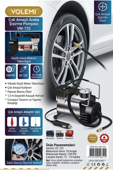 VOLEMİ VM-723 Çok Amaçlı Araç Lastik Şişirme Pompası Hava Kompresörü 12V 250 PSI Çakmaklık Girişli ürün görseli 1