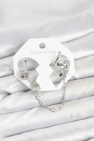 Pirinç Gümüş Renk Yılan Model Zincir Bağlantılı Ear Cuff Küpe Seti ürün görseli 1