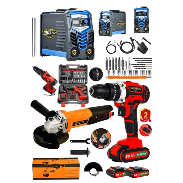 DOZZER Alman Demirci Seri 3Lü Set 200 Amper Kaynak + Akülü Vidalama + 115 Mm Avuç Taşlama Spiral Makinesi ürün görseli 1