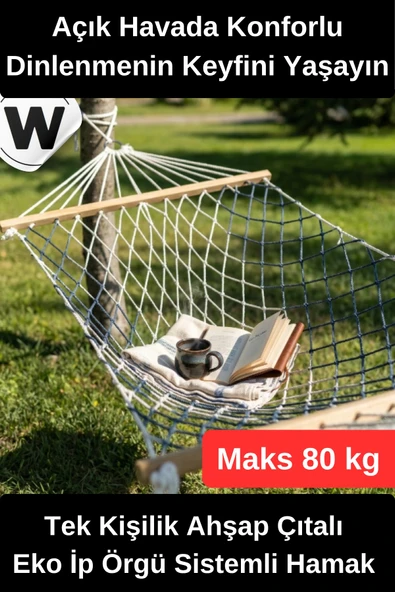 #Hamak Tek Kişilik Hamak Ahşap Çıtalı Dayanıklı Eko İp Örgü Sistemli Bahçe Balkon Kamp Piknik Taşınabilir Konforlu Dinle ürün görseli 1