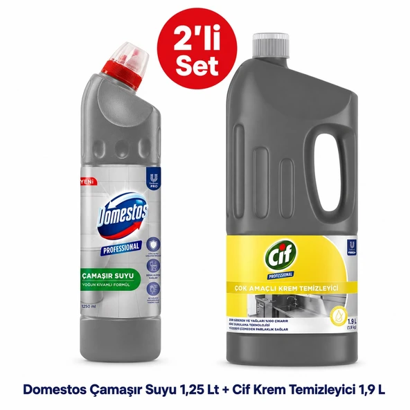 U-Pro Domestos Çamaşır Suyu 1,25 Lt + Cif Krem Temizleyici 1,9 L 2’li Hijyen ve Temizlik Seti ürün görseli 1