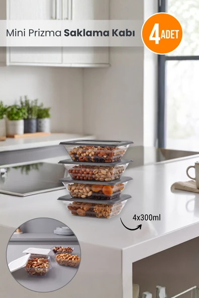 4'lü Mini Prizma Saklama Kabı Erzak Kabı Dolapiçi Organizer 4x300 ml ürün görseli 1