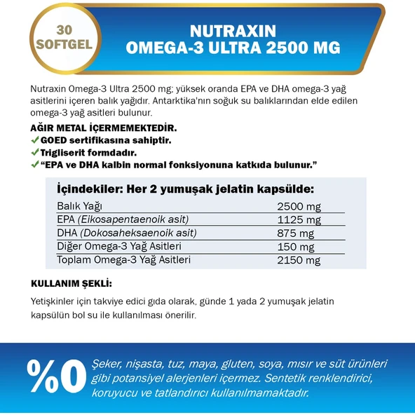 Nutraxin Vitals Omega-3 Ultra 2500 mg 30 Softgel ürün görseli 1