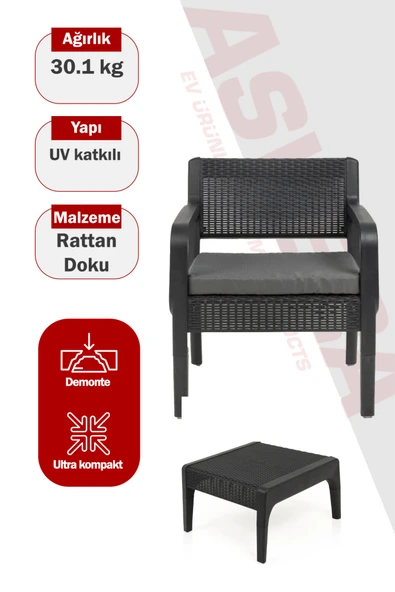 Asvera Mandella Latte 4 Parça Bahçe Oturma Grubu Seti - Antrasit Rattan Görünümlü Minderli Balkon Takımı ürün görseli 1