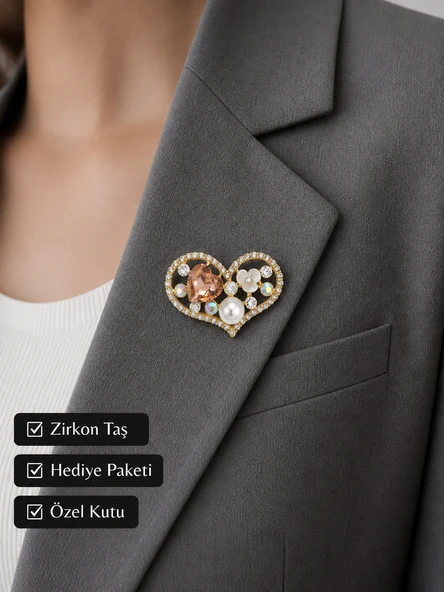 Hediye Kalp İnci Taşlı Kadın Broş Altın Renk Kristal Detaylı Yaka Aksesuarı ürün görseli 1