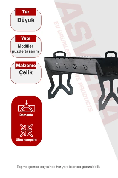 Asvera Portatif Katlanabilir Kamp Mangalı - 25x40 cm Taşınabilir Geniş Yüzeyli Piknik Mangalı ürün görseli 1