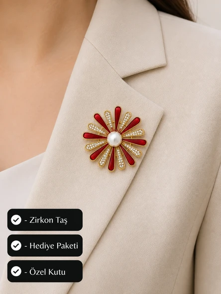 Kırmızı Taş Detaylı İnci Görünümlü Kadın Broş Hediye Aksesuarı ürün görseli 1