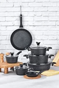 Asvera Chef Elegance 7 Parça Metal Kulplu Tencere Seti - Gold Detaylı Granit Efektli Tencere Takımı ürün görseli 1