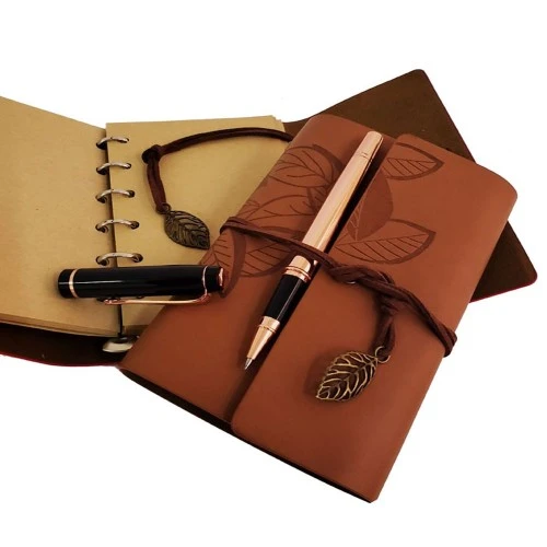 Ahşap Kutulu Taba Renk Deri Defter Kalem Set - Resim 2