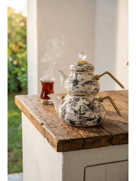 Acar Garden Çiçek Desenli Siyah Beyaz Emaye Çaydanlık ürün görseli 1