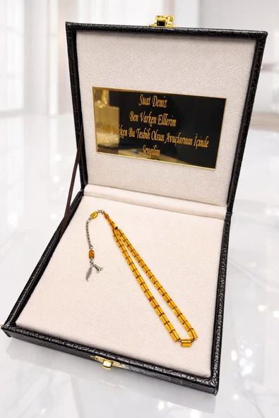 Tesbih Dünyası Deri Kutulu Tesbih, Bilek Boy Tesbih, Harfli Kişiye Özel Yazılı Tesbih, Kesme Kehribar Tesbih ürün görseli 1
