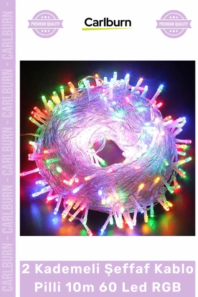 #LedIşık Dekoratif Yılbaşı Aydınlatma Renkli Işık 2 Kademeli Şeffaf Kablo Pilli 10m 60 Led RGB ürün görseli 1