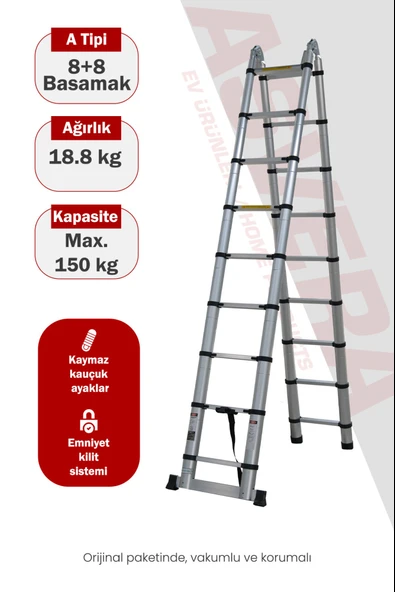 Asvera 5.0 Metre Akıllı Uzayan A Tipi Teleskopik Merdiven - 8+8 Basamaklı Katlanır Merdiven ürün görseli 1