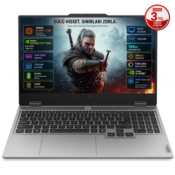 Lenovo LOQ 15AHP10 AMD Ryzen 7 250 16GB 1TB SSD RTX 5060 8GB 15.6" FHD IPS Freedos Gaming Laptop 83JG008UTR ürün görseli 1