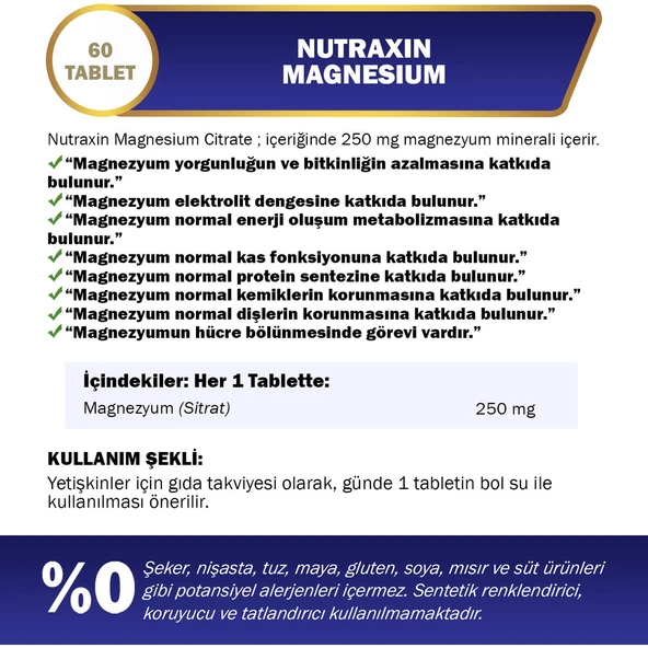 Nutraxin Magnesium Sitrat 250 Mg 60 Tablet - Resim 2